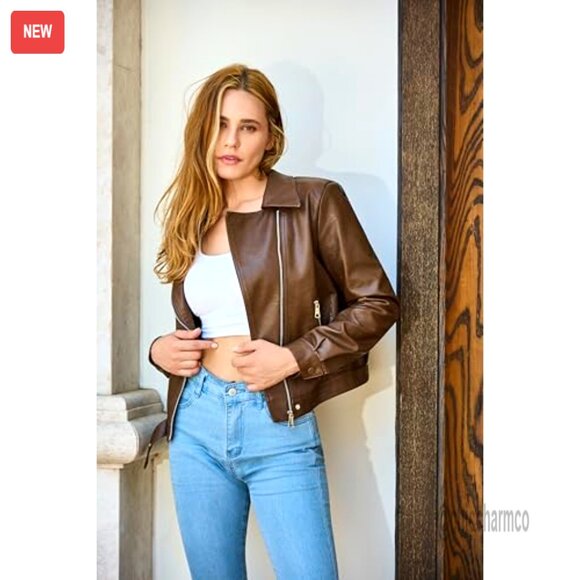 Faux Leather Cropped Motorcycle Jacket Slim Fit Lightweight Biker Style Classic - Picture 4 of 7